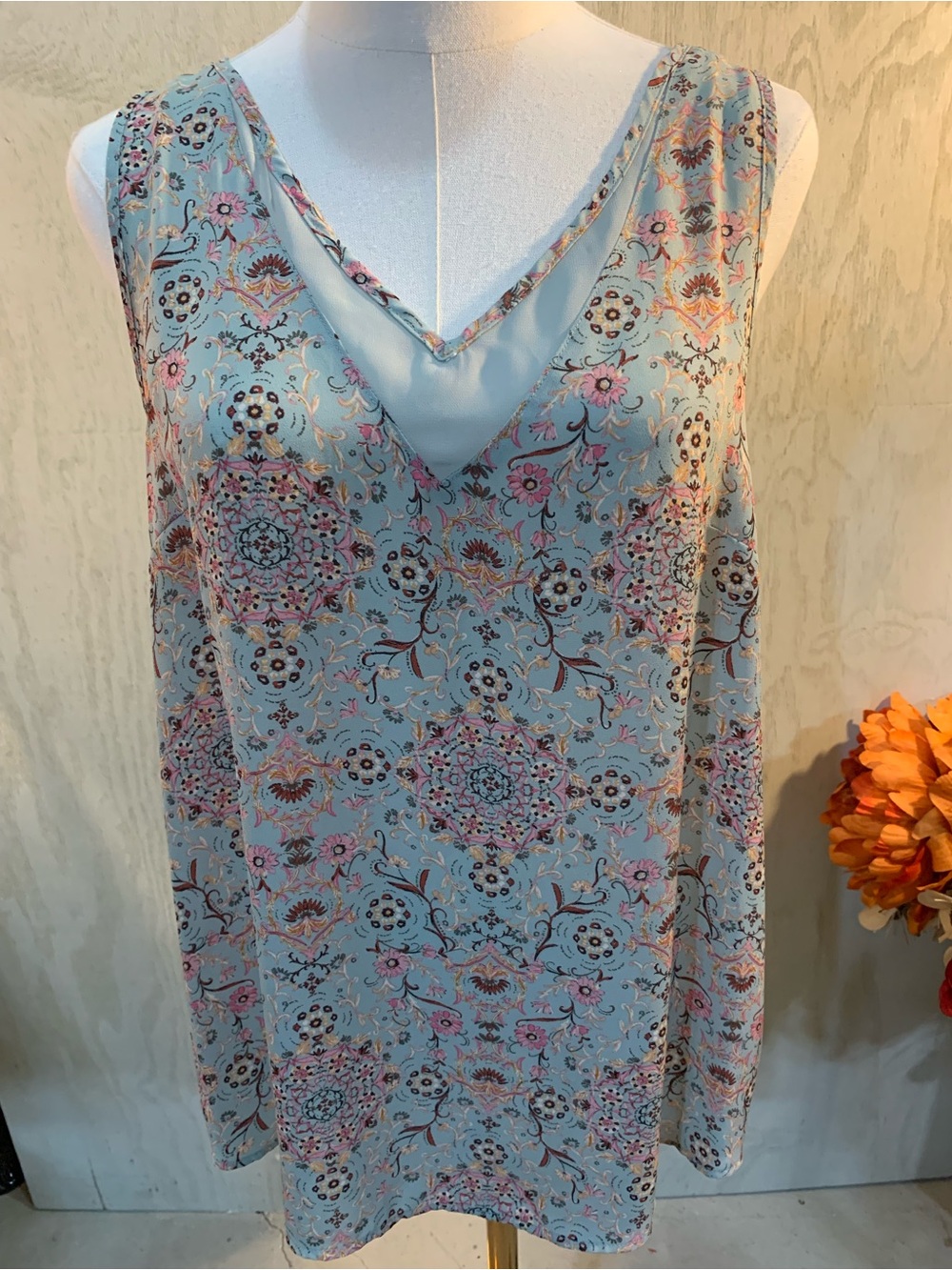 Maurices Sage Floral Print Sleeveless Top with Pink & Gold Details